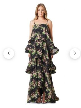elliatt ula black & green floral print tiered maxi gown dress size small NEW